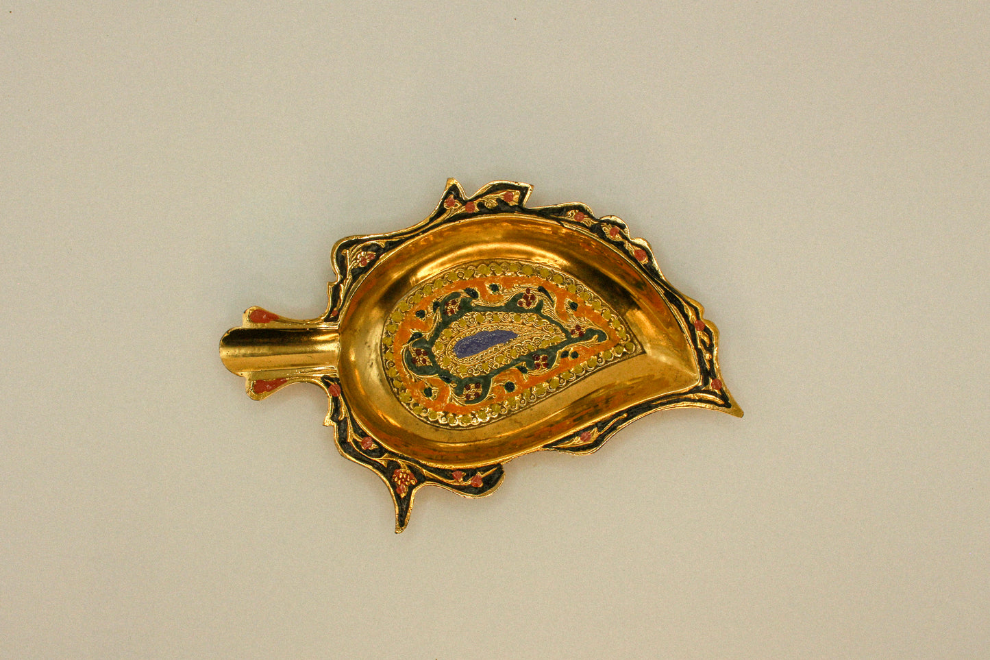 Antique decorative brass ashtray, colorful hand-painted metal tray, vintage home decor