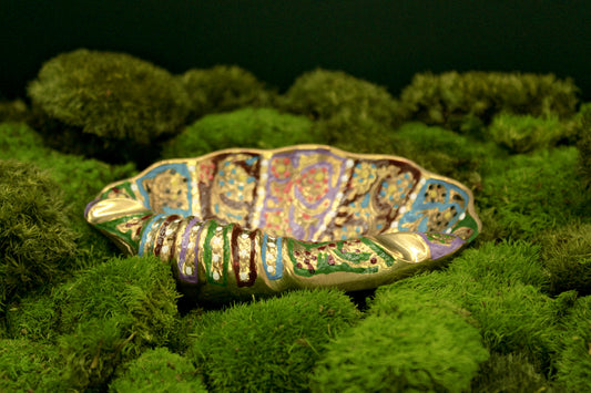 Antique decorative brass ashtray, colorful hand-painted metal tray, vintage home decor