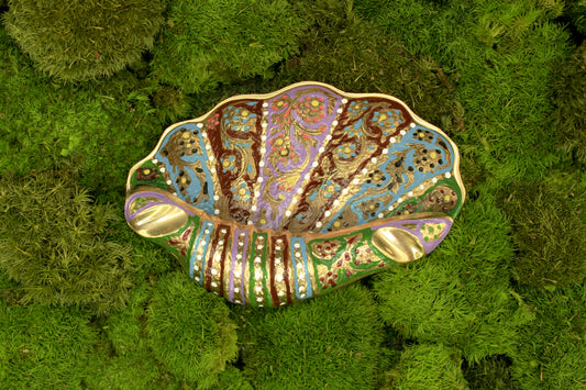 Antique decorative brass ashtray, colorful hand-painted metal tray, vintage home decor