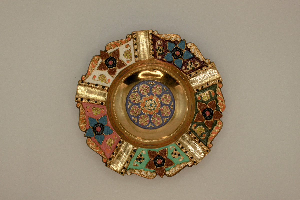 Antique decorative brass ashtray, colorful hand-painted metal tray, vintage home decor