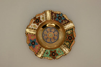 Antique decorative brass ashtray, colorful hand-painted metal tray, vintage home decor