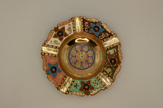 Antique decorative brass ashtray, colorful hand-painted metal tray, vintage home decor