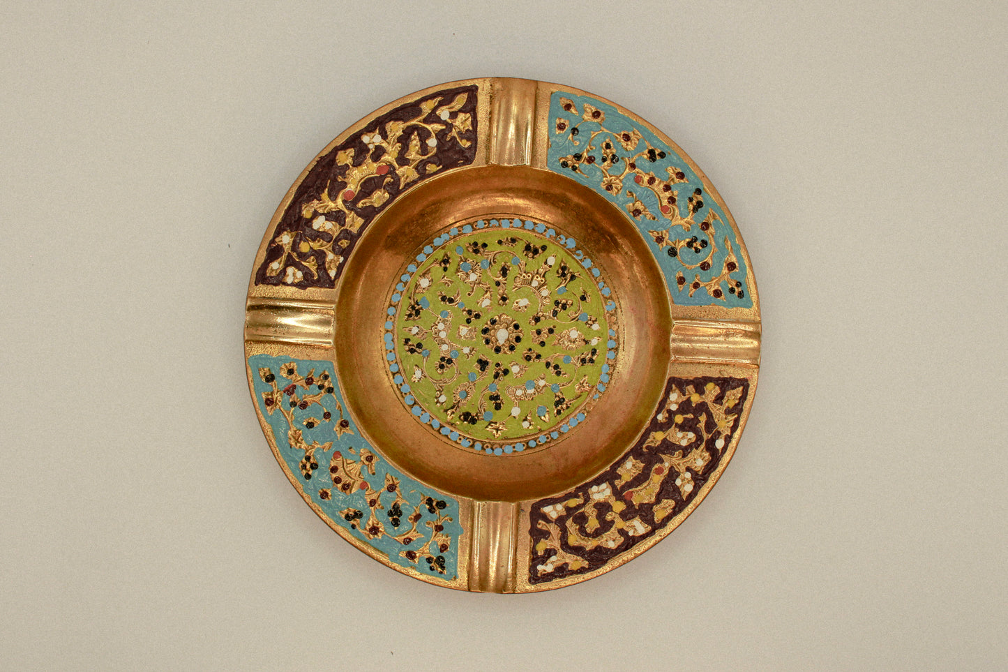 Antique decorative brass ashtray, colorful hand-painted metal tray, vintage home decor
