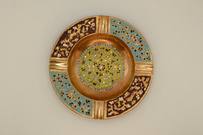 Antique decorative brass ashtray, colorful hand-painted metal tray, vintage home decor