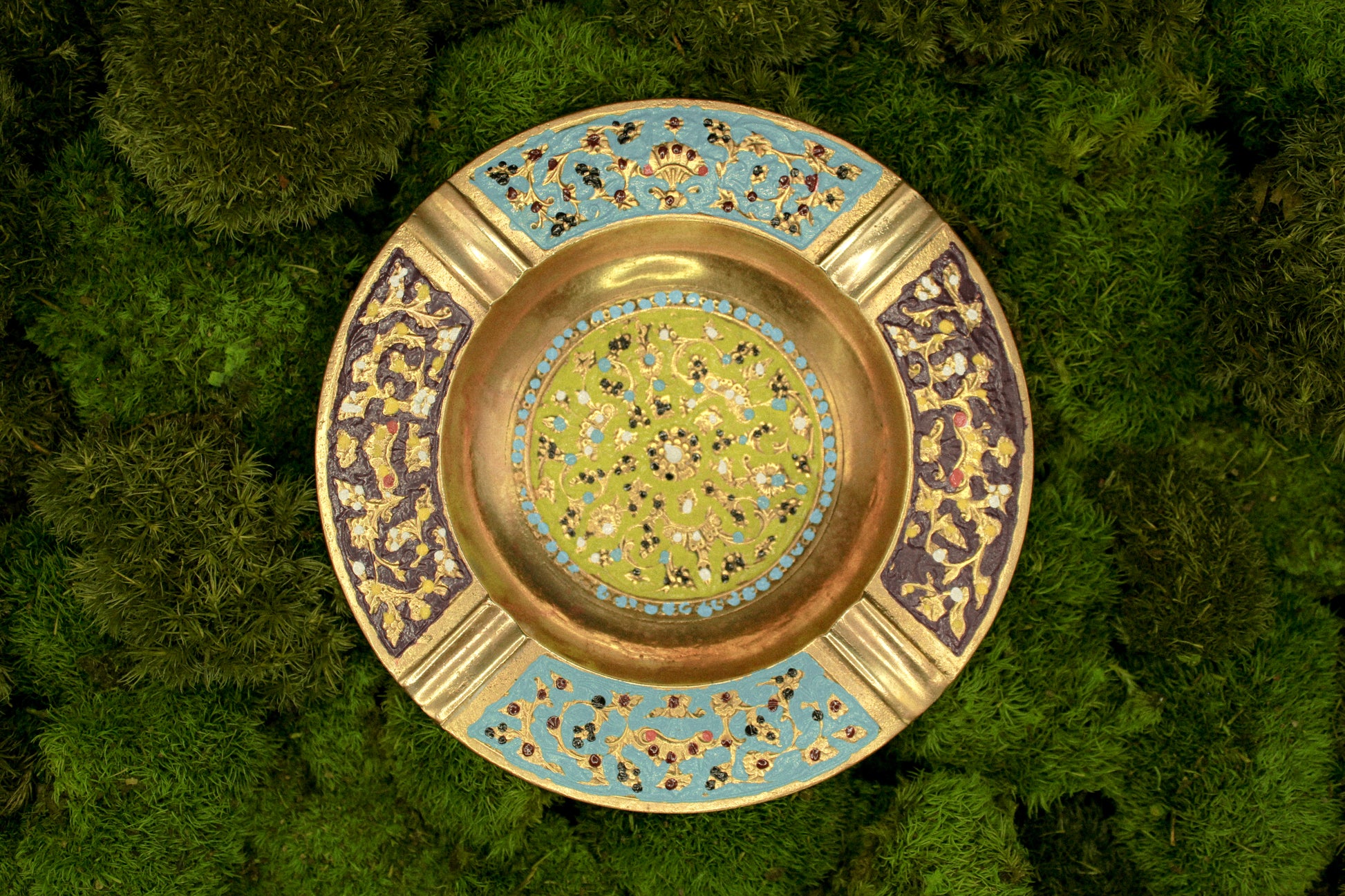 Antique decorative brass ashtray, colorful hand-painted metal tray, vintage home decor