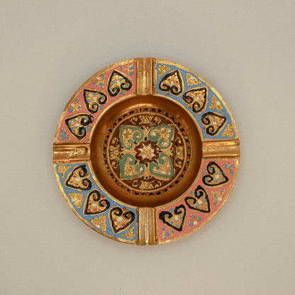 Antique decorative brass ashtray, colorful hand-painted metal tray, vintage home decor