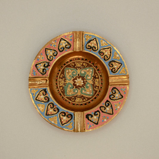 Antique decorative brass ashtray, colorful hand-painted metal tray, vintage home decor