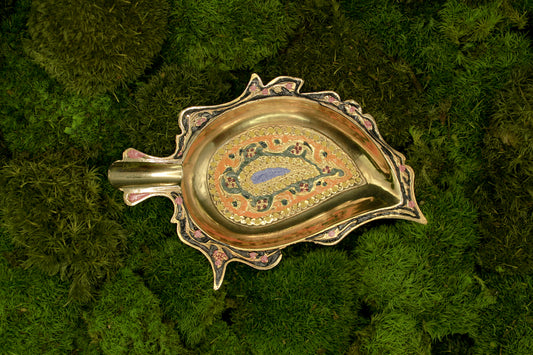 Antique decorative brass ashtray, colorful hand-painted metal tray, vintage home decor